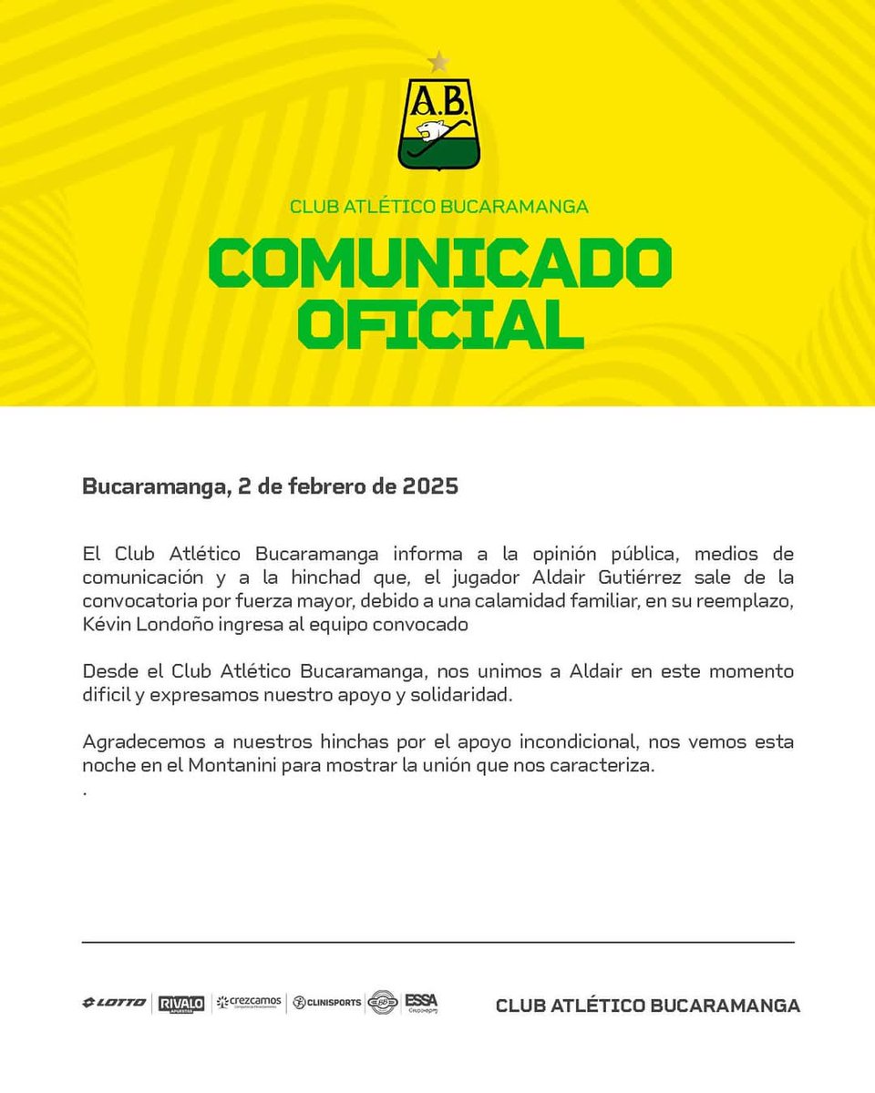 foconoticias_'s tweet photo. #ATENCION 
🔴 Hace minutos el Atlético Bucaramanga emitió en un comunicado que el jugador Aldair Gutiérrez sale de convocatoria debido a fuerza mayor por una calamidad familiar, en su reemplazo jugará el jugador Kevin Londoño.
#FocoNoticias #AtleticoBucaramanga https://t.co/Jc20wTbTdj