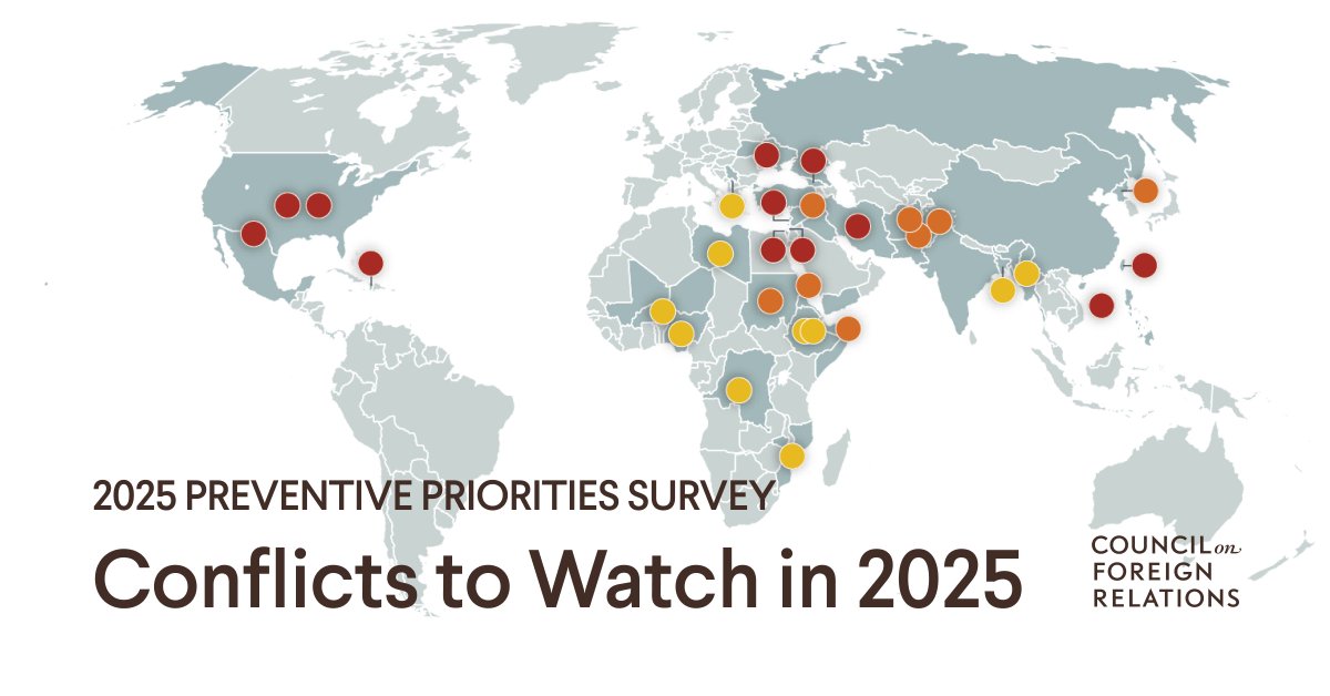 Wars in Gaza, Ukraine, and elsewhere are adding up to make 2025 a particularly dangerous year for global stability. 

Experts prioritize the 30 global hot spots that could most significantly affect the United States: on.cfr.org/40ndScZ