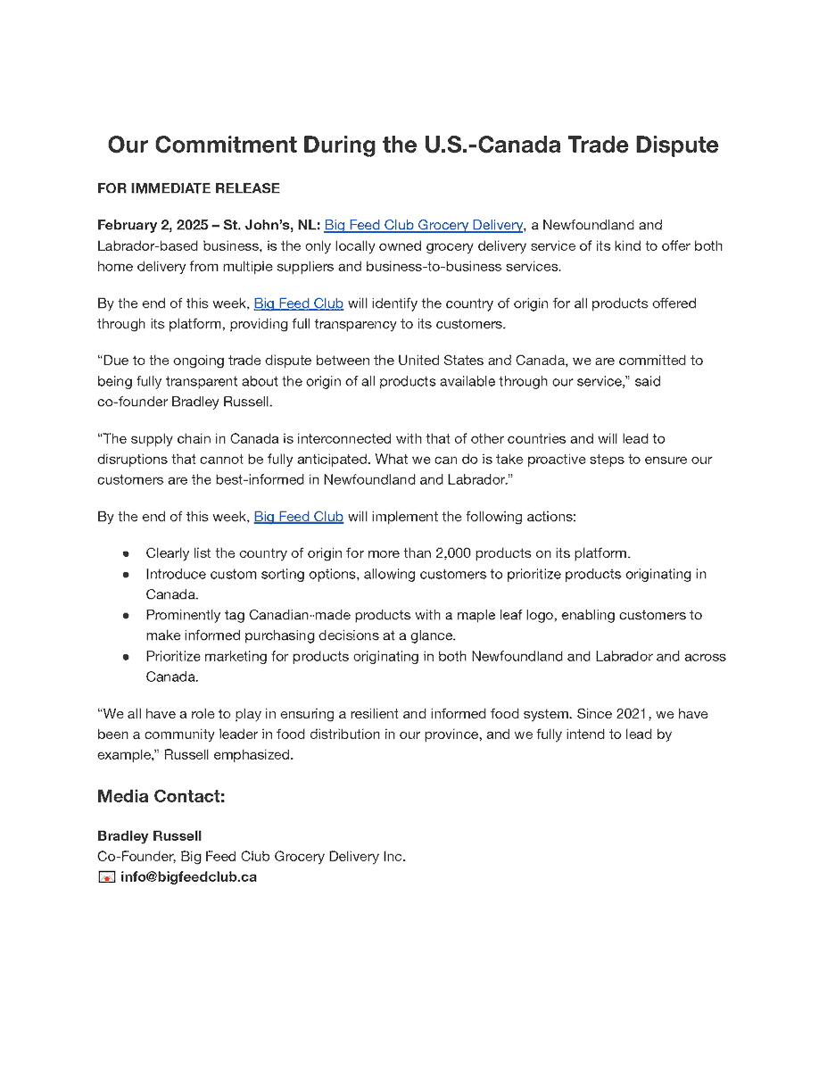 BigFeedClub's tweet photo. (2/2) We all have a role to play in ensuring a resilient and informed food system. 

Since 2021, we have been a community leader in food distribution in our province, and we fully intend to lead by example.

See attached for tonight's press release: https://t.co/WnJDpXAY7t
