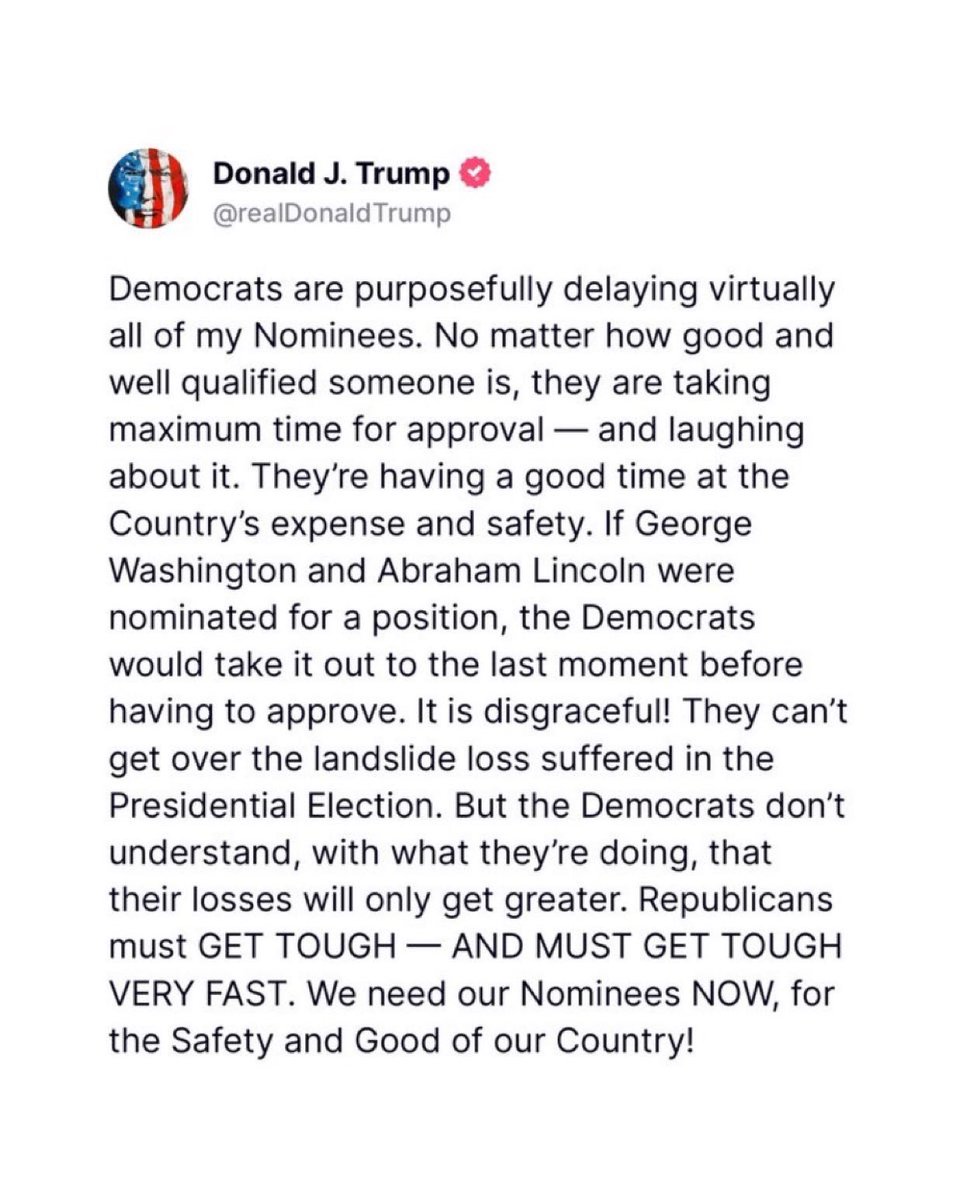 mrddmia's tweet image. Dear Senate Republicans:

Your job is to confirm President Trump’s qualified Executive Branch nominees, particularly his Cabinet picks.

Your policy or personality disagreements do not matter.

He does not pick your Senate staff.

You should not pick the President’s team.

The…