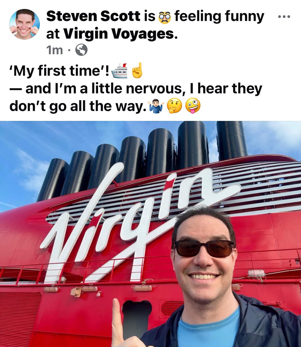 StevenScottLOL's tweet photo. ‘My first time’!🛳️☝️
— and I’m a little nervous, I hear they don’t go all the way.🤷🏻‍♂️🤔🤪
#cruise #ship #cruiseship #virgin #virginvoyages #firsttime #comedian #comedy #funny https://t.co/yILyXdbeIF