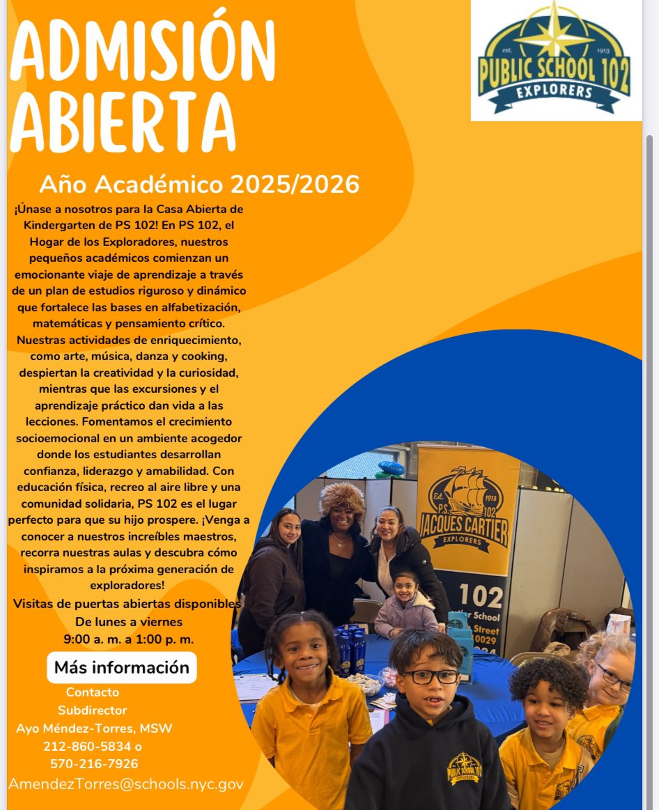 📢✨ Exciting News for East Harlem Families! ✨📢🌟 PS 102 Kindergarten Open House! 🌟 Are you ready to give your child a strong start in a school that inspires exploration, creativity, and success?#PS102Explorers #KindergartenReady #EastHarlem #FutureLeaders 📞 212-860-5834