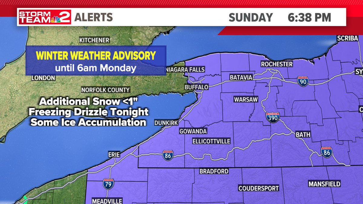 From Storm Team 2's @PaulHareTV - Winter Weather Advisory in effect until Monday AM for all counties in WNY, plus Northern PA. Freezing drizzle w/ some light snow mixed in. Tonight, possibly an additional inch of snow, plus a light glaze of ice likely. Tricky travel tonight!