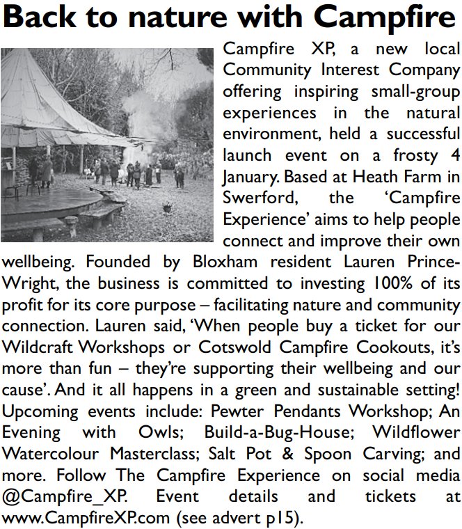 campfire_xp's tweet image. The Campfire Experience...? 'Read all about it' in this month's @ChippyNews! Thank you for featuring us! ❤️
#outdoor #nature #connection #events #activities #workshops #cotswolds #communityinterestcompany #business #launch #news #swerford #chippingnorton #oxfordshire #uk