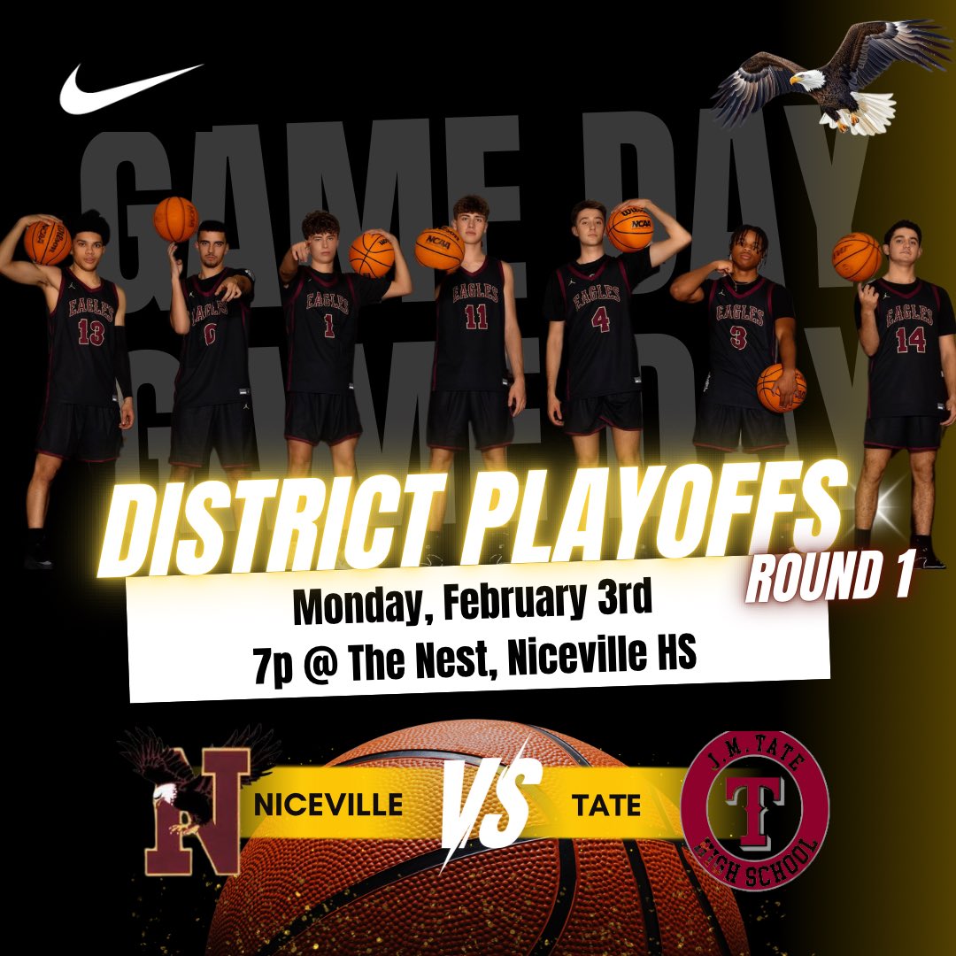 🚨It’s GAAAAMEDAAAAY… 
‼️PLAYOFF EDITION‼️

Come out and show out as the Eagles take on Tate at the Nest in the 6A District 1 Quarterfinal Playoff!!! 🦅🦅🦅
#mayhem