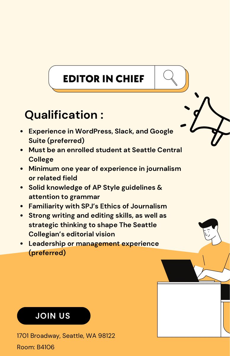 InfoCollegian's tweet photo. The Seattle Collegian is hiring an Editor in Chief look for more information at the link below ⬇️ @SeattleCentral 

https://t.co/LN5UUmefoz https://t.co/j9xw2h6uNN