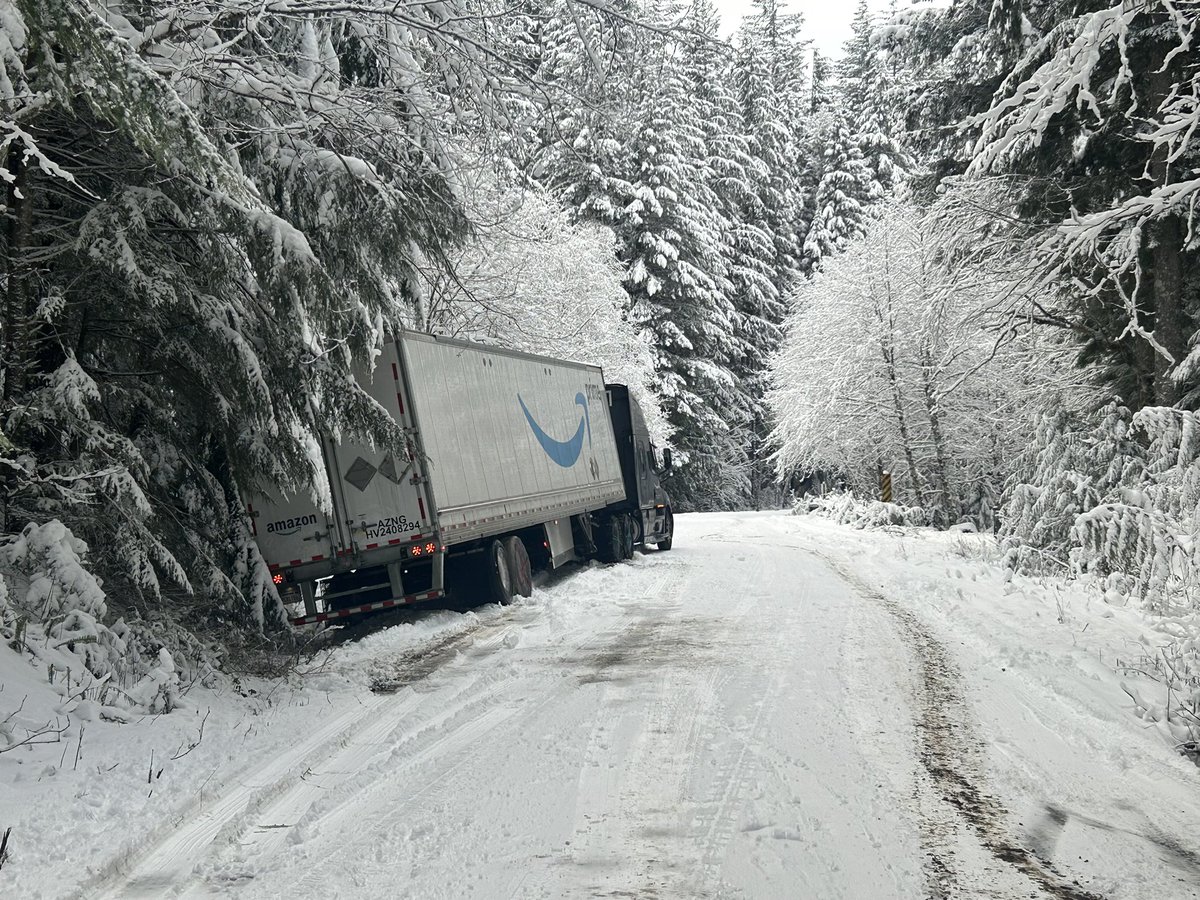 This driver tried to take the side road between MP 42 and 47 near EB 90. Maybe trying to avoid chaining up??  Either way the tow bill will not be cheap.