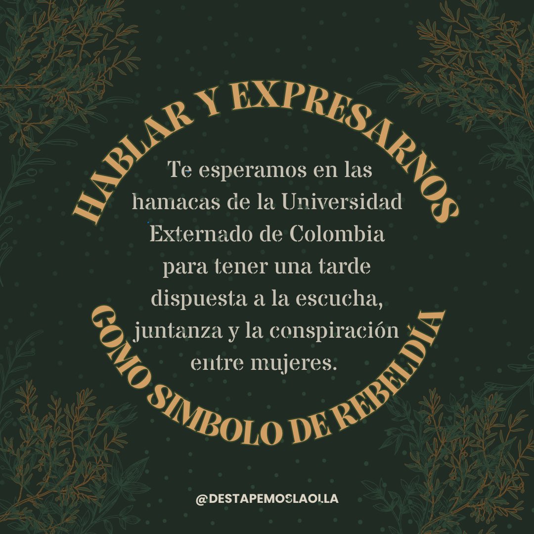 destapemosolla's tweet photo. Queremos invitarlas a nuestro primer círculo mágico de mujeres de 2025💜🌱 Encontrémonos en Las Hamacas (U Externado) a la 1:30 el miércoles 

Es abierto para todas, no es necesario que hagas parte de la Universidad.

Lleva flores, velas y marcadores🩵Ꮺ ָ࣪ ۰ ͙⊹ https://t.co/A5vurZtRJk