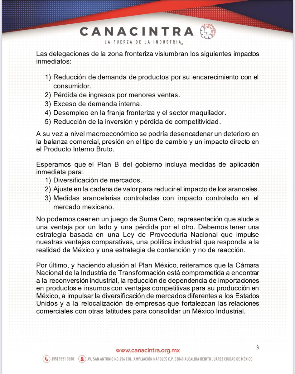 Posicionamiento sobre los aranceles #canacintra #industria