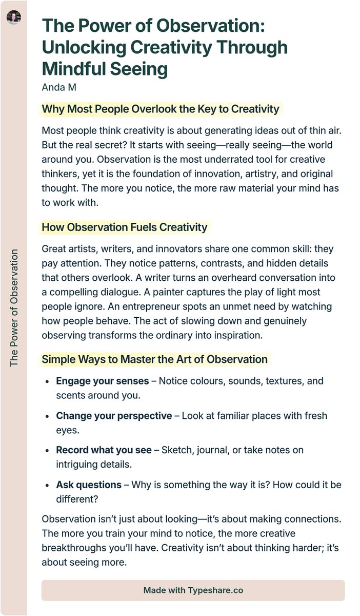 RewildYourDays's tweet photo. Creativity isn’t about pulling ideas out of thin air—it starts with sharpening your ability to observe. Here’s why observation is the most underrated creative skill (and how to master it). 👀✨ https://t.co/mUBdj1odeO