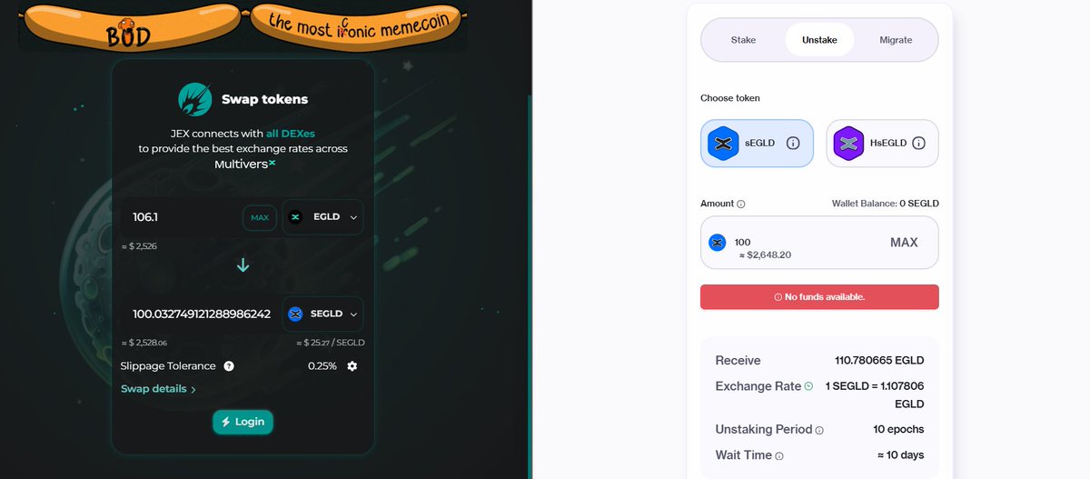 Si vous avez des $EGLD sur votre wallet, pensez à profiter de ces moments de volatilité pour accumuler en arbitrant

▫️Achat de sEGLD via un agrégateur comme <a href="/JEXchangeDefi/">JEX ☄️</a> à un taux actuel de 1.06 EGLD /1 sEGLD
▫️Unstaking via <a href="/HatomProtocol/">Hatom Labs</a> en 10j, à un taux de 1.1 EGLD /1