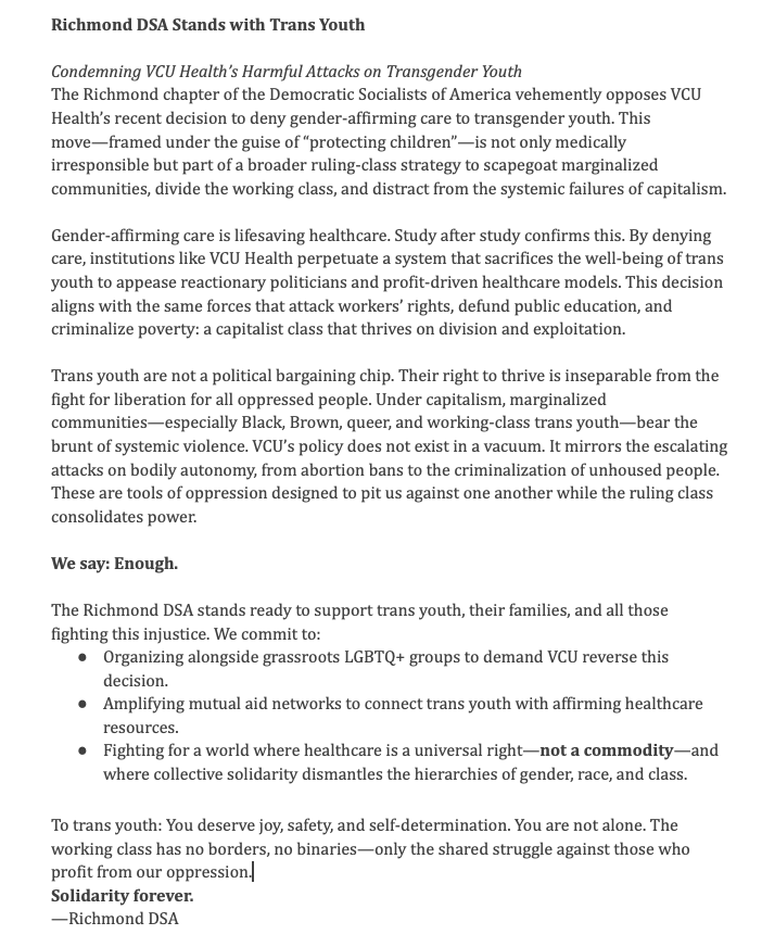 DSARichmond's tweet photo. 🚨 RICHMOND DSA STANDS WITH TRANS STUDENTS AT VCU! 🌹✊
We condemn attacks on trans healthcare, safety, and dignity. https://t.co/DQ65cB0bQR