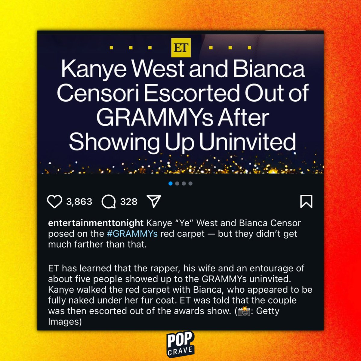PopCrave's tweet image. Kanye West and Bianca Censori were reportedly escorted out from the #GRAMMYs after showing up uninvited (via @ETNow).