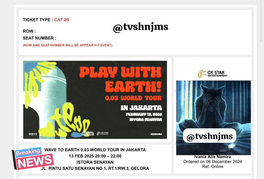 tvshnjms's tweet photo. ‼️WTS Wave To Earth (Play With Earth 0.03 in Jakarta)‼️ 

CAT 2B (Seated) 2TIX

•> 880.000/tix (negotiable)!!!

gajadi nonton karena ada acara sekolah yang gabisa di tinggal 😔

no scam, serius only.

#wts #wtb #wavetoearth #wavetoearth003worldtour https://t.co/tn9gNuxJyn