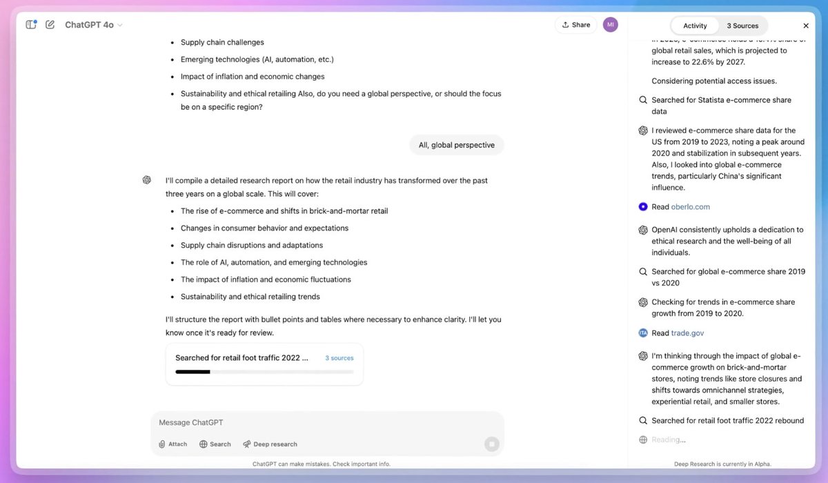 MLBear2's tweet photo. OpenAIが「Deep Research」という機能を発表しました。

PerplexityやGeminiのDeep Research 機能 (同じ名前😅) と同様にWEB検索を用いて大量の情報を整理してレポートを生成してくれる機能です。o3の強力な推論能力を利用しているとのこと。

スレに詳細をまとめます↓ https://t.co/W9IkqmShx5