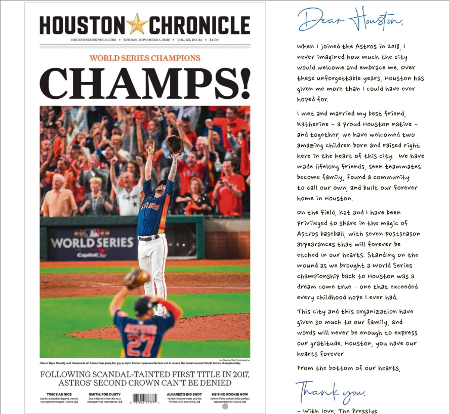 Ryan Pressly took out this ad in today's Chronicle thanking the city of Houston: