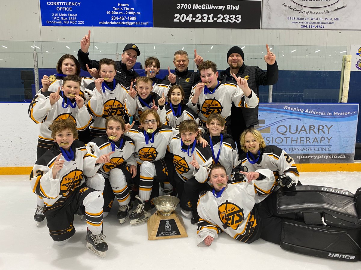 CONGRATULATIONS to the Stonewall Jr. Jets for winning GOLD in the 2025 Stonewall Veteran's Cup. They won 7-3 in the final game vs the La Broquerie Habs. Way to go boys!