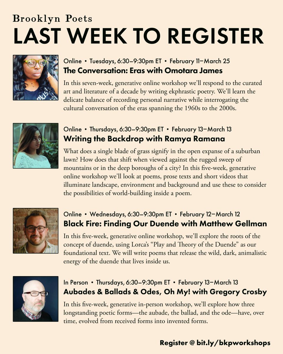 Brooklyn Poets (@brooklynpoets) on Twitter photo Don’t miss your last chance to register for these workshops starting next week with <a href="/OmotaraJames/">SOMS out now! 👇🏾 | @omotarajames.bsky.social</a>, <a href="/Ramyaramana/">Ramya Ramana</a>, Matthew Gellman and Gregory Crosby! It's also the final week to save $15 during early registration! Register at brooklynpoets.org/workshops/all Don’t miss your last chance to register for these workshops starting next week with <a href="/OmotaraJames/">SOMS out now! 👇🏾 | @omotarajames.bsky.social</a>, <a href="/Ramyaramana/">Ramya Ramana</a>, Matthew Gellman and Gregory Crosby! It's also the final week to save $15 during early registration! Register at brooklynpoets.org/workshops/all