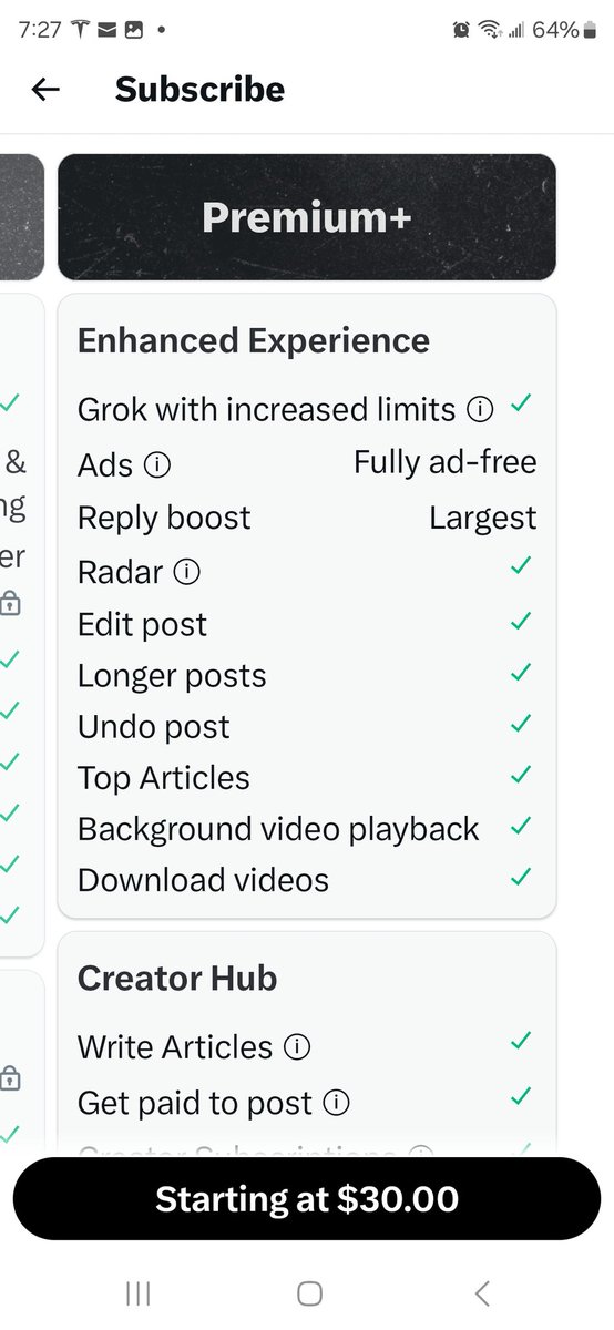 X premium + is $30 per month.
And Premium $11 per month 
Does this make sense for 99% of the population in America to subscribe monthly? 
Maybe Elon should reconsider this price bcos the Grok users are students (broke), tradesmen ( broke), school teachers (broke), handymen etc.