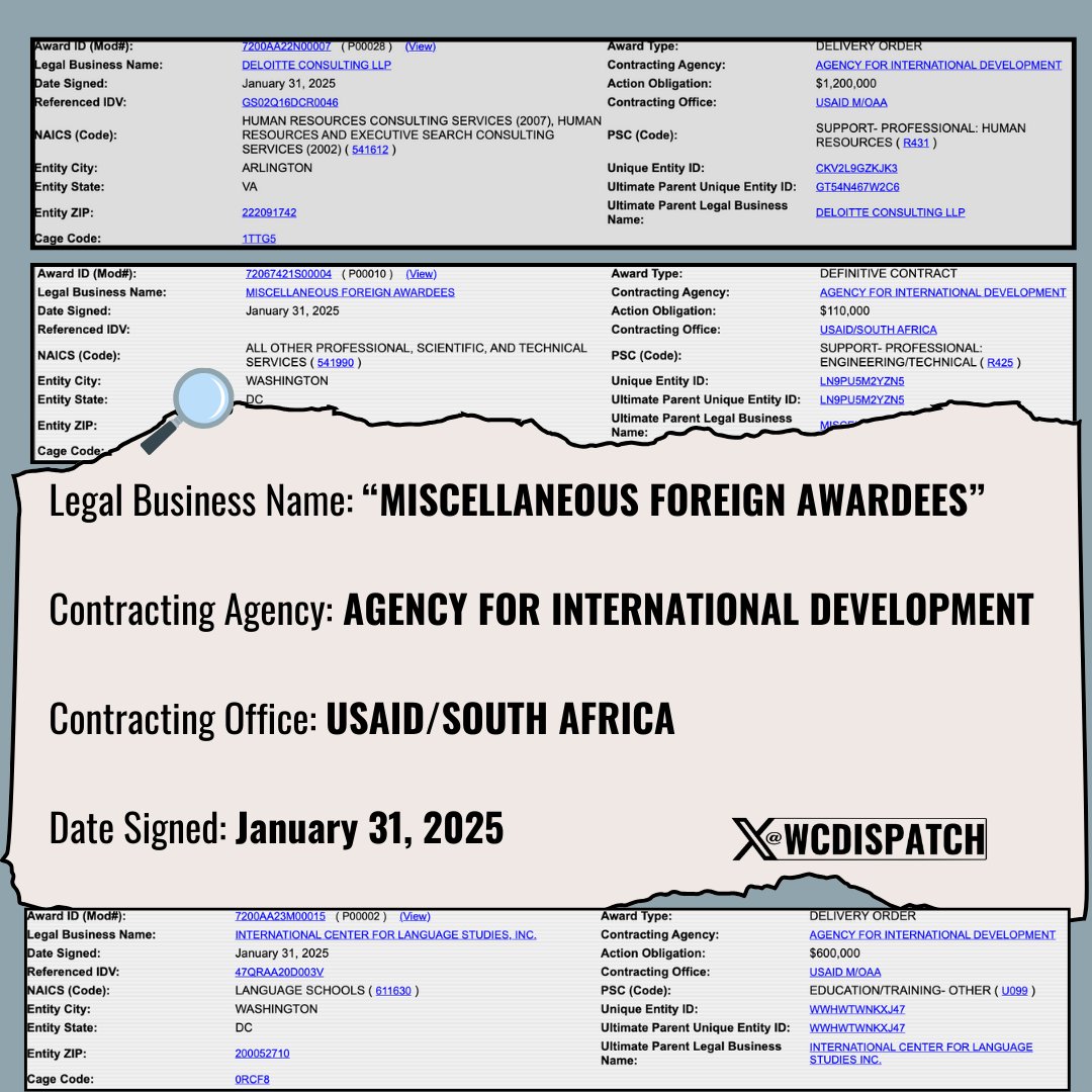 🚨NEW: Federal Procument Data shows that USAID approved over $6 Million dollars in contracts on Friday. 

Including a $1.2M Payment to Deloitte for HR services, $600K for International Center for Language Studies, and over $100k for "Miscellaneous Foreign Awardees."

DOGE has