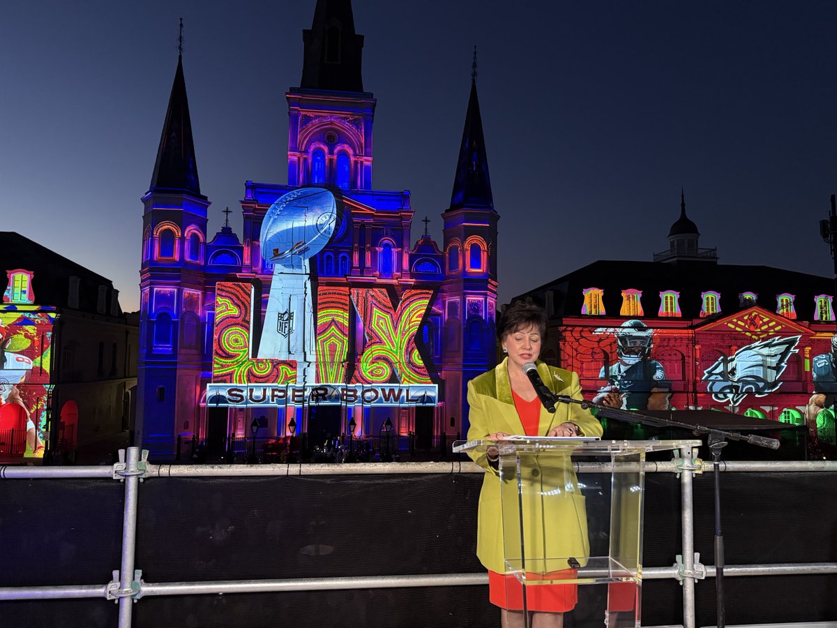 FOX8NOLA's tweet photo. Gayle Benson at the Super Bowl lighting of the St. Louis Cathedral https://t.co/pW674CI2hw