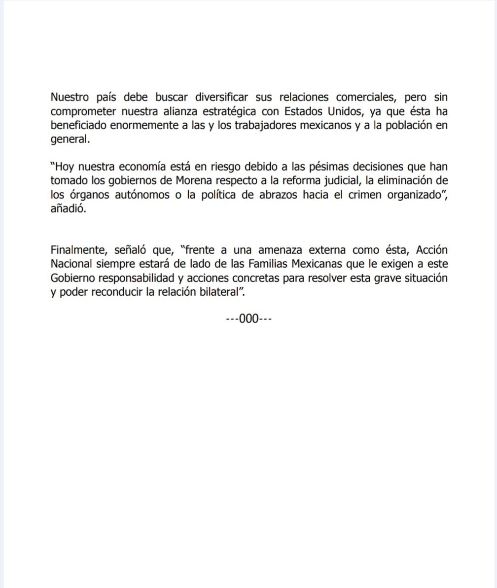 PAN EDOMEX (@pan_edomex) on Twitter photo «La tibieza y la incapacidad de los gobiernos de morena en combatir al crimen organizado, son la causa de la imposición arancelaria de Trump» <a href="/JorgeRoHe/">Jorge Romero Herrera</a>
Compartimos comunicado de nuestro Presidente Nacional. «La tibieza y la incapacidad de los gobiernos de morena en combatir al crimen organizado, son la causa de la imposición arancelaria de Trump» <a href="/JorgeRoHe/">Jorge Romero Herrera</a>
Compartimos comunicado de nuestro Presidente Nacional.