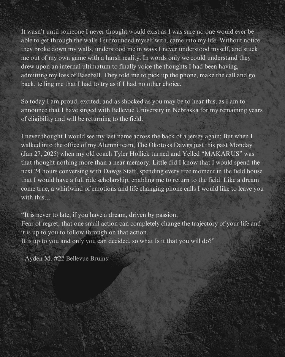 Never thought I’d be here today, but I thank god everyday for the blessing

It is a bit of a read but words of vulnerability are words of courage to those who may need to hear it, so I’ve shared by words for you.  
•
•
•
•
  #baseball #bellevue #Bruins  #baseballlife