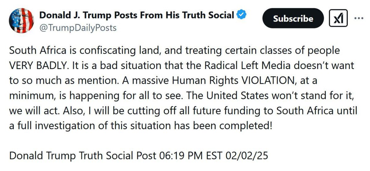 President Trump vows to cut funding to South Africa until South Africa's government stops land confiscation from White farmers. 

Follow: <a href="/ThermopylaeNews/">Thermopylae</a>