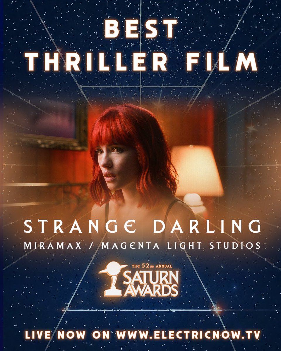 Another amazing moment - #StrangeDarling wins Best Thriller Film! Watch the rest of the #SaturnAwards unfold on #ElectricNOW. Link in bio.