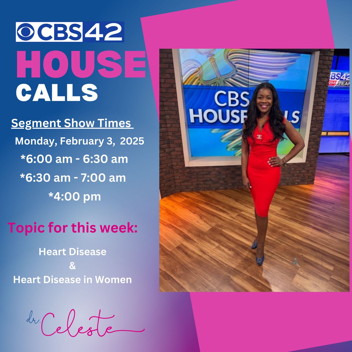Please join me on <a href="/CBS_42/">CBS 42</a> News House Calls every Monday at 6:00 am, 6:30 am, and 4:00 pm. Can't tune in on TV? No worries! You can also catch the show online, so you never have to miss an episode at this link cbs42.com/news/health/