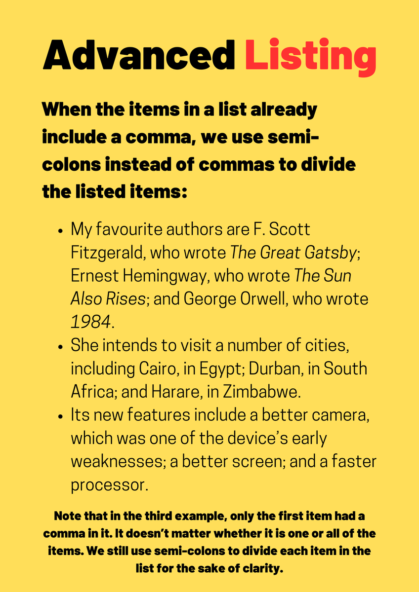 Let's start the new week with a bonus #grammar lesson. 

This is a guide to making lists.👇

I have included a basic set of rules as well as some more advanced rules that are useful for those of you who are learning English for academic purposes.