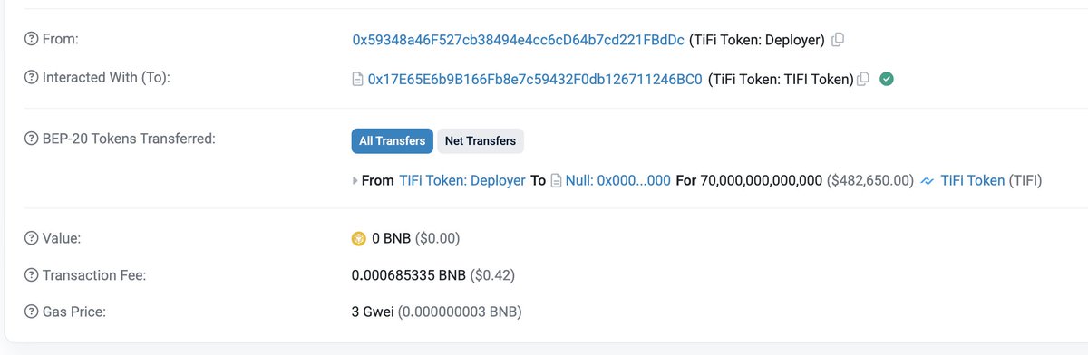 70 Trillion $TIFI  Burn is completed!
🔥🔥🔥
BSCScan: bscscan.com/tx/0xa4f75021d…

#TokenBurn #TIFI #Bscscan