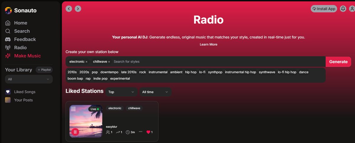 Stefano Rivera (@easyldur) on Twitter photo <a href="/SonautoAI/">Sonauto AI</a> has a very nice "Radio" feature, with endlessly generated music.
Amazing for background music while I'm working.
Link below. <a href="/SonautoAI/">Sonauto AI</a> has a very nice "Radio" feature, with endlessly generated music.
Amazing for background music while I'm working.
Link below.