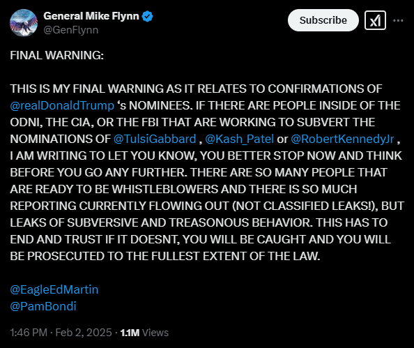 blockpayllc's tweet image. 🚨 General Mike Flynn issues a FINAL WARNING to those inside the ODNI, CIA, or FBI working to subvert President Trump’s nominees: Stop now or face full prosecution. With whistleblowers ready and leaks flowing, the pressure is on. This ends now! 💥 #FinalWarning #MikeFlynn