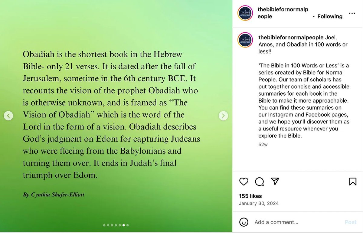 Vincent S Artale Jr (@vincentartale) on Twitter photo Teaching Obadiah at a time like this, by @bethallisonbarr <a href="/peteenns/">Peter Enns</a> <a href="/theB4NP/">The Bible For Normal People's Opinions</a>
open.substack.com/pub/bethalliso…
A people who “gloated” over harm done to their neighbors, even joining with the oppressors. A people consumed by pride.
A people who “cut off” the path of the fugitives Teaching Obadiah at a time like this, by @bethallisonbarr <a href="/peteenns/">Peter Enns</a> <a href="/theB4NP/">The Bible For Normal People's Opinions</a>
open.substack.com/pub/bethalliso…
A people who “gloated” over harm done to their neighbors, even joining with the oppressors. A people consumed by pride.
A people who “cut off” the path of the fugitives