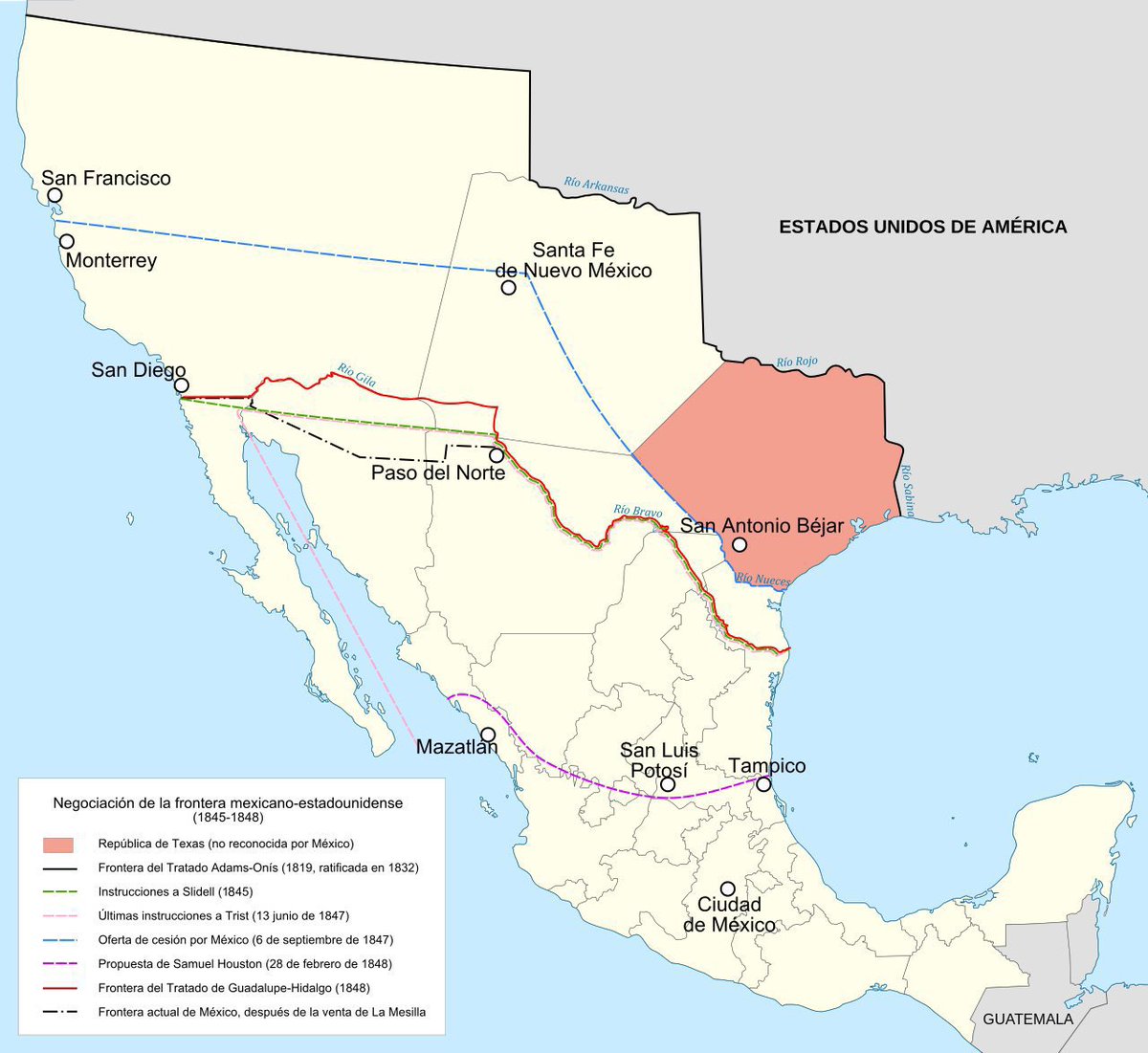 Cuauhtemoc_1521's tweet photo. #Efeméride
El 2 de febrero de 1848 Estados Unidos y México firman el Tratado de Guadalupe Hidalgo, en el cuál nuestro país pierde más de la mitad de su territorio, 2,378,000 kilómetros cuadrados. Actualmente la extensión de México es de 1,964,000. Se firmó mientras varias ciudades mexicanas se encontraban ocupadas por las tropas estadounidenses, así cómo nuestros principales puertos bloqueados por su fuerza naval. 
Cabe mencionar que Santa Anna no vendió el territorio que perdió México en 1848. Para cuando se firmaron los Tratados de Guadalupe Hidalgo el 2 de febrero de 1848, Santa Anna ya no se encontraba en México. En aquel año el presidente interino fue Manuel de la Peña y Peña. Hay que agregar que el ejército de EEUU invadió México con ese propósito en mente desde el inicio.