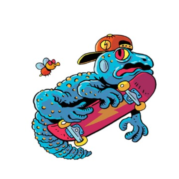 #EVERYDAYANEWREPTILESKATER MEET:
Skater Salamander 
Skater Salamander’s fiery personality matches his bright colors. His amphibious nature gives him an edge in wet skateparks.

Signature Trick: "Splash Spin"—a water-friendly spinning trick that leaves puddles behind.
JUST LIKE