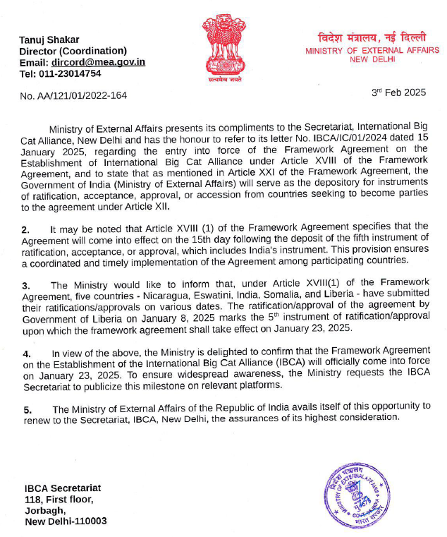 National Tiger Conservation Authority (@ntca_india) on Twitter photo Delighted to inform that the <a href="/MEAIndia/">Randhir Jaiswal</a> has confirmed the Framework Agreement on establishment of the International Big Cat Alliance <a href="/IBCA_official/">International Big Cat Alliance (IBCA)</a> which now officially comes into force. Delighted to inform that the <a href="/MEAIndia/">Randhir Jaiswal</a> has confirmed the Framework Agreement on establishment of the International Big Cat Alliance <a href="/IBCA_official/">International Big Cat Alliance (IBCA)</a> which now officially comes into force.