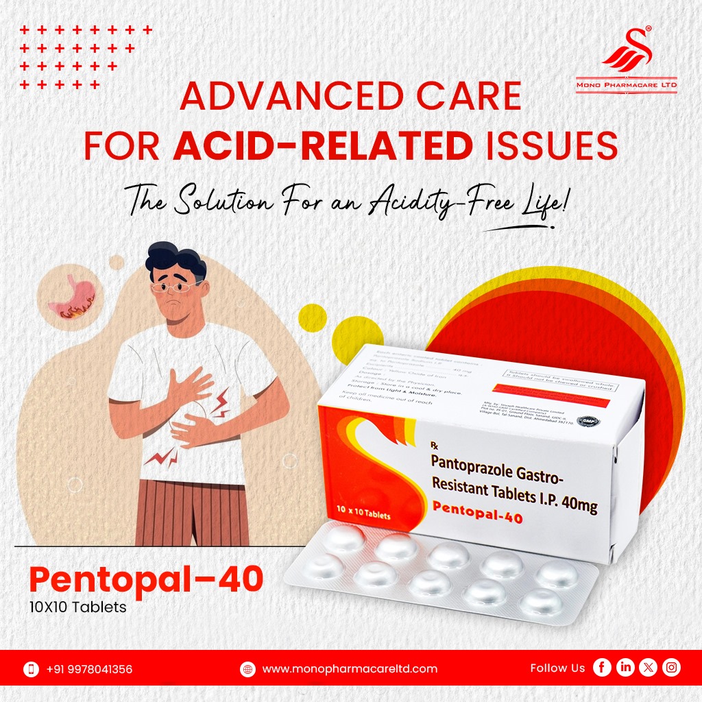 monopharmaltd's tweet image. Pantoprazole 40 mg provides targeted relief from acid-related stomach issues, helping restore balance and comfort throughout your day.

#PENTOPAL40 #acidityfreelife #gestrohealth #healthcare #healthtips #YourHealthMatters #HealthFirst #monopharmacare #pharmacompany #ahmedabad