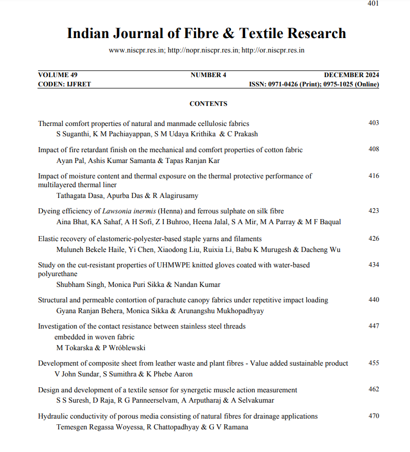 CSIR_NIScPR's tweet image. The December 2024 issue of the Indian Journal of Fibre &amp;amp; Textile Research of @CSIR_NIScPR is out now. 

Dive into the latest #textile research and access the full text here: nopr.niscpr.res.in/handle/1234567…

#TextileResearch #IJFTR

@CSIR_IND @AcSIR_India @MonikaJaggi3