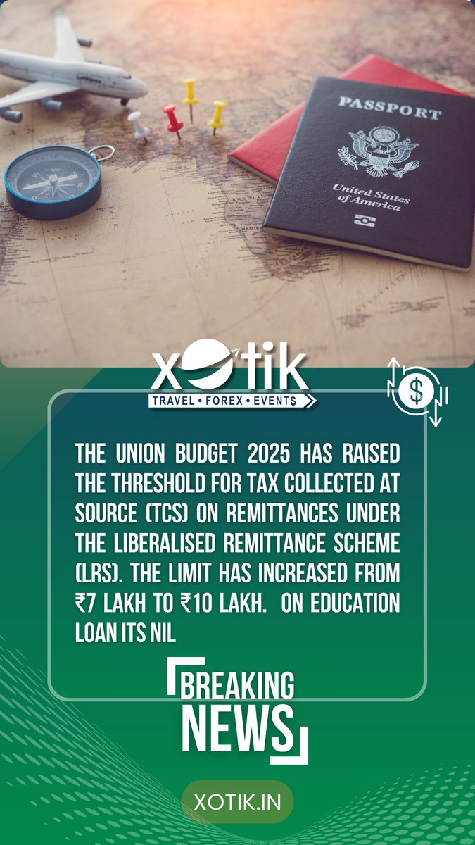 Xotiktf's tweet image. Union Budget 2025 Update: Higher TCS Threshold on Remittances – A Win for Xotik Customers!

📩 Contact us today: info@xotik.in | 📞 +91 79769 73892
🌐 Read More: cnbctv18.com/budget/new-tcs…

#XotikForex #UnionBudget2025 #TCSUpdate #LRSRemittances #TaxSavings #EducationForex