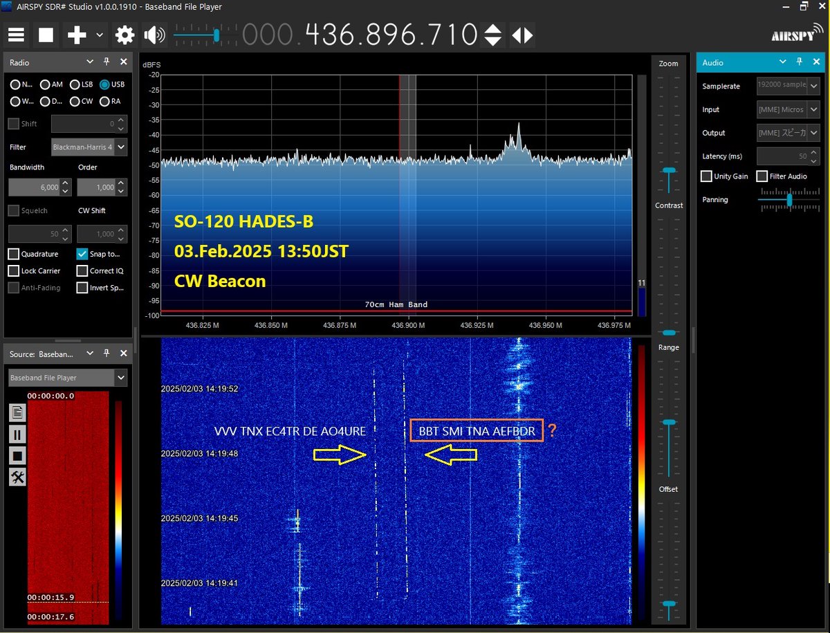#SO120 #HADES_B SO-120 HADES-B 03.Feb.2025 04:50UTC Over the Japan. FSK 50baud Telemetry and CW Beacon recieed. IQ.wav file reply. CW Beacon「 VVV TNX EC4TR DE AO4URE 」