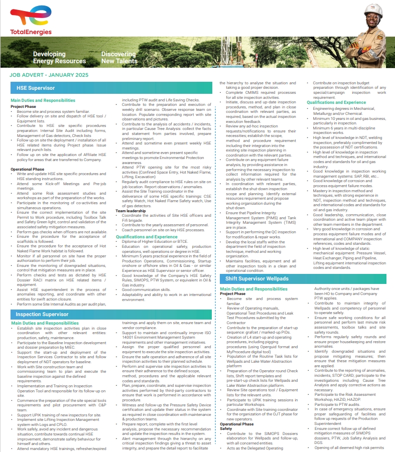 #JobOpportunity

We’re hiring! Here is your chance to join #TotalEnergiesEPUganda as:

✅ HSE Supervisor
✅ Inspection Supervisor
✅ Shift Supervisor Wellpads
✅ Site Training Coordinator (On-Job Trainer)
✅ Mechanical Supervisor

🗒️ Checklist:
✅ Review the advert and job