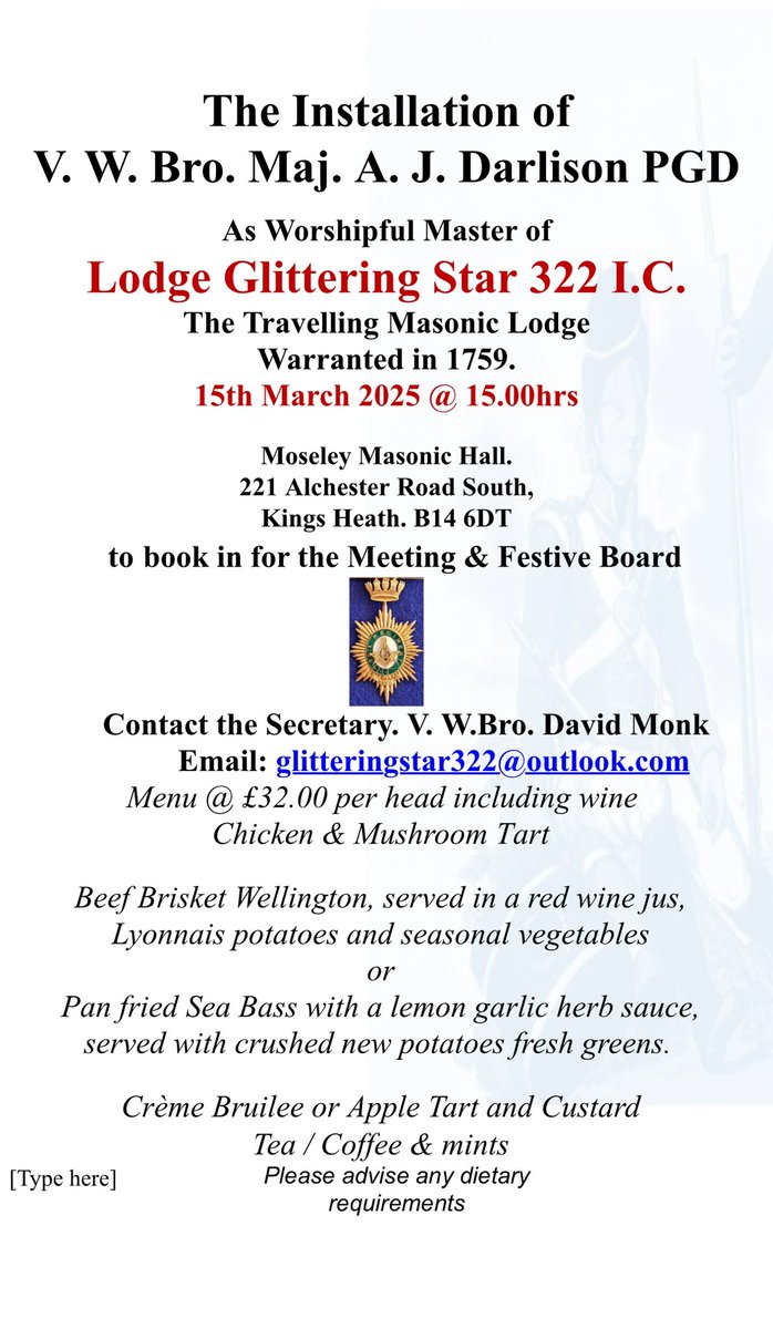 Bro_AHP (@bro_ahp) on Twitter photo Interested in seeing an Irish Constitution Installation?
Come and join us on Saturday 15th March 2025 in Kings Heath
<a href="/BFreemasons/">British Military Freemasons</a>
<a href="/ServiceLodges/">Circuit of Service Lodges</a>
@lodgeMilHis
<a href="/militarylodge/">Military Lodge 1422</a>
<a href="/militarymasons/">Military Lodges</a>
<a href="/4068Notts/">United Service Lodge</a>
<a href="/VSL9969/">Vectis Services Lodge No. 9969</a>
<a href="/SCServicesL9988/">Shropshire Combined Services Lodge No.9988 🇬🇧</a>
<a href="/United3473/">United Service 3473</a>
<a href="/SUSL_9999/">Surrey United Services Lodge 9999</a>
<a href="/ELServicesLodge/">East Lancashire Uniformed Services Lodge</a> Interested in seeing an Irish Constitution Installation?
Come and join us on Saturday 15th March 2025 in Kings Heath
<a href="/BFreemasons/">British Military Freemasons</a>
<a href="/ServiceLodges/">Circuit of Service Lodges</a>
@lodgeMilHis
<a href="/militarylodge/">Military Lodge 1422</a>
<a href="/militarymasons/">Military Lodges</a>
<a href="/4068Notts/">United Service Lodge</a>
<a href="/VSL9969/">Vectis Services Lodge No. 9969</a>
<a href="/SCServicesL9988/">Shropshire Combined Services Lodge No.9988 🇬🇧</a>
<a href="/United3473/">United Service 3473</a>
<a href="/SUSL_9999/">Surrey United Services Lodge 9999</a>
<a href="/ELServicesLodge/">East Lancashire Uniformed Services Lodge</a>