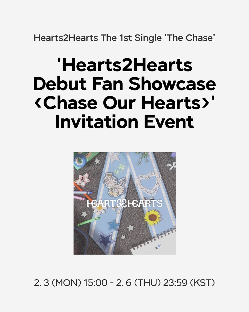 smtown_andstore's tweet photo. Hearts2Hearts Debut Fan Showcase <Chase Our Hearts> 초대 이벤트🩵

지금 바로 SMTOWN &STORE에서 확인해보세요!
🔗https://t.co/pV6KsVgXM5

⏰이벤트 일시 : 2025. 2. 24 (MON) 20:00 (KST) 
📍이벤트 장소 : YES24 LIVE HALL 

📆응모 기간 : 2025. 2. 3 (MON) 15:00 ~ 2025. 2. 6 (THU) 23:59 (KST)
📝응모 방법 : Hearts2Hearts 싱글 1집 'The Chase' (Photo Book Ver.) 앨범 구매 결제 완료한 고객들 (해당 이벤트 기간 내 앨범 구매 시 자동 응모) 중 추첨을 통해 1,000명에게 이벤트 참여 기회 부여
🎁특전 내용① : 응모자 전원에게 쇼케이스 당일 촬영한 미공개 셀카 포토카드 8종 중 랜덤 1종 증정
🎁특전 내용② : 당첨자 전원에게 오리지널 티켓 1종 증정