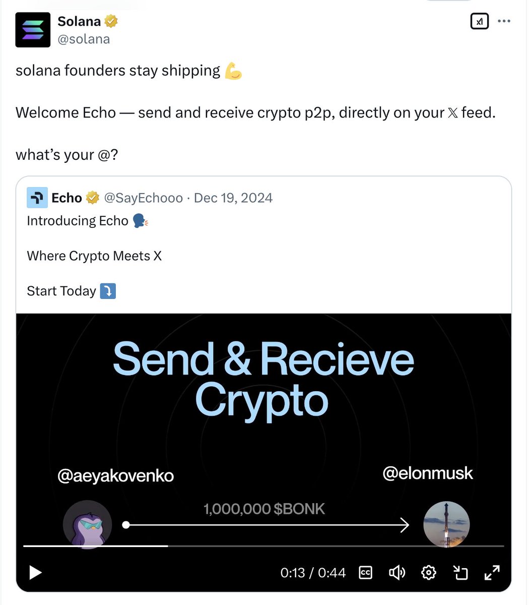 TREND MỚI LÀM GẤP,,,! (p2p trên twitter)
dự án #echo phát triển p2p,gửi nhận crypto thông qua twitter,chỉ cần nhập user name tw là có thể gửi nhận,,,
--------------
elonmusk gần đây đã nói là sẽ build xmoney để giao dịch trên X,,,nên các bác tranh thủ làm sớm