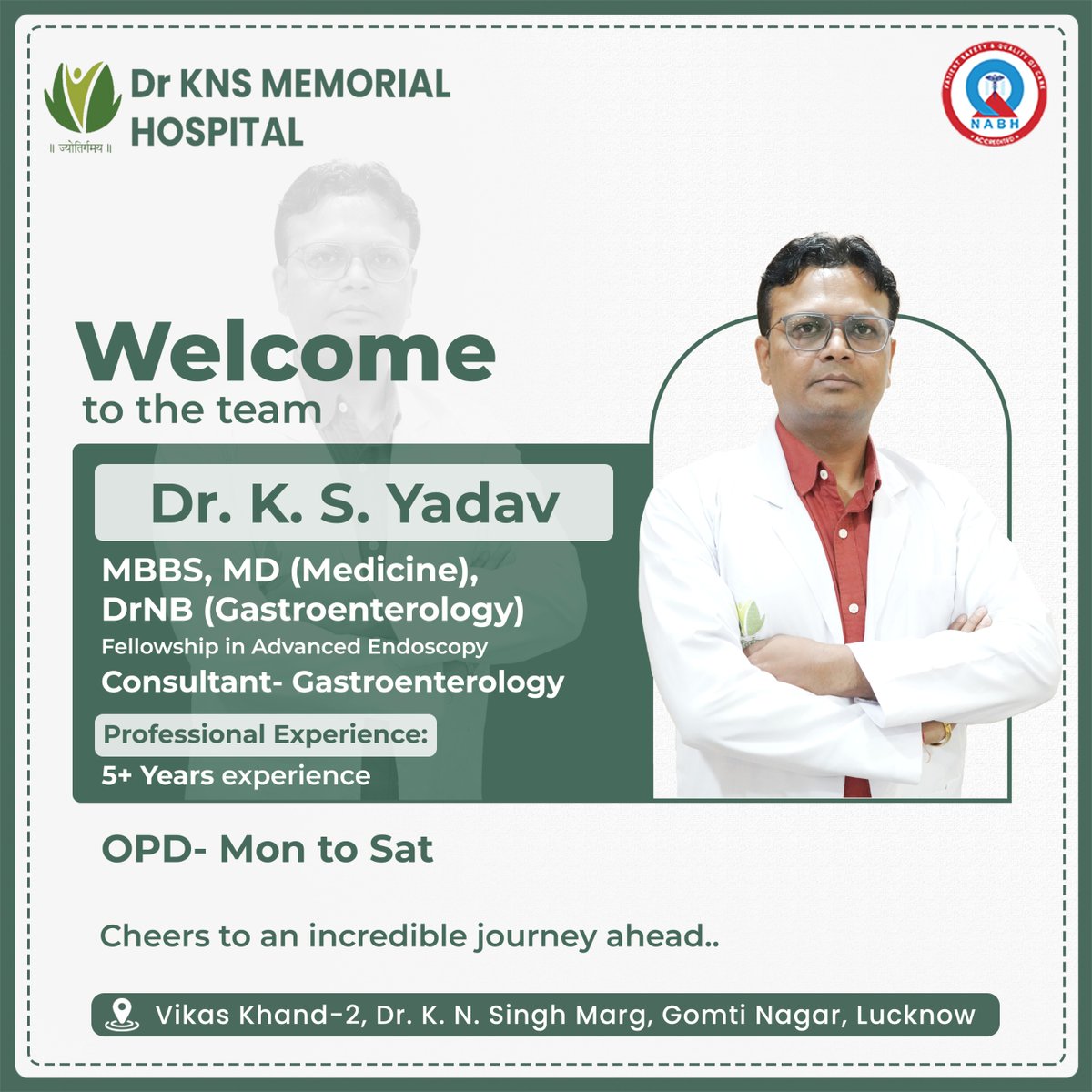 KnsHospital's tweet photo. We welcome Dr. K.S. Yadav to our team

Consultant - Gastroenterology
MBBS, MD(Medicine), DrNB -Gastroenterology
More than 5 years of clinical experience in Gastroenterology.

Book Appointment : +91-9151036305

#DrKNSMHospital #KNSMHospital #KNSMIMS #gastroenterologist #welcome https://t.co/YvNt23WFcj
