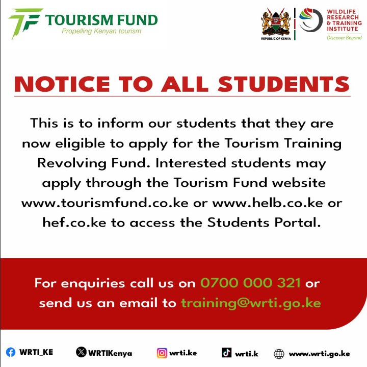 WRTIKenya's tweet photo. Exciting news for prospective and continuing students: The Wildlife Research and Training Institute (WRTI) is excited to announce that students can now access HELB loans to support their education. This financial aid will help ease your academic journey and ensure you focus on what truly matters—building a thriving career. 
To apply, visit:
 https://t.co/w0rL8swfmE
 https://t.co/SDysruvi3j
 https://t.co/kWQEYRjJe9
Log in to the Students Portal and secure your future today. 
For enquiries, call us on 0700 00 321 or send us an email to training@wrti.go.ke