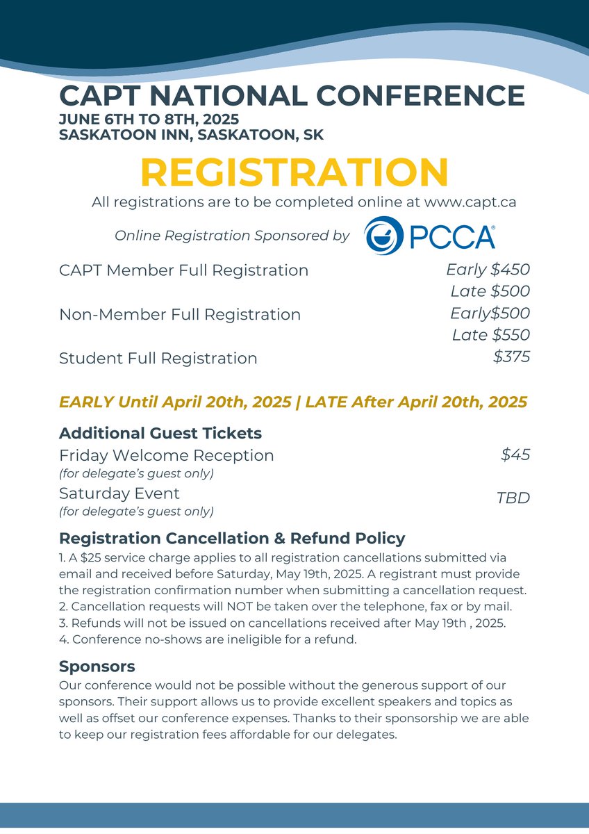 ✨ Time to GET EXCITED! Registration for CAPT's National Conference is NOW OPEN! ✨

Join us in beautiful Saskatoon, SK from June 6-8, 2025!

🔗 Additional information and registration details can be found on our website: capt.ca

#CAPTPDC2025 #CAPT4U #Saskatoon