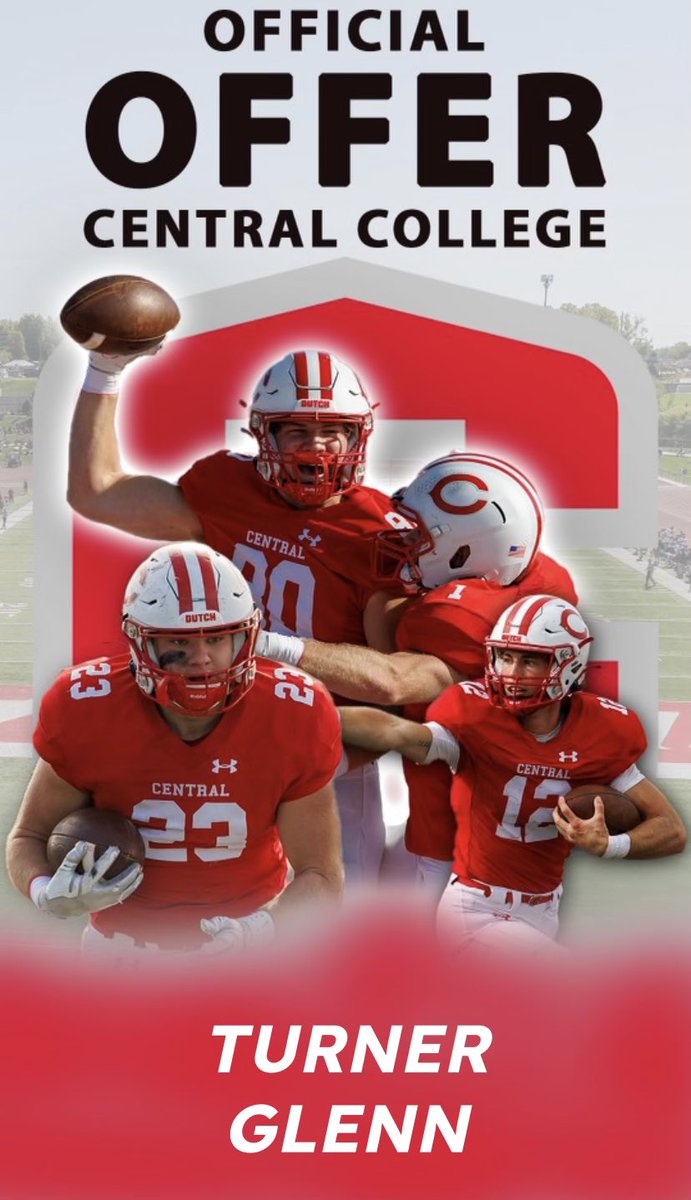 Turner (@turnerglenn14) on Twitter photo After a great conversation with Coach <a href="/mac4fb/">Jeff McMartin</a>, I am blessed to receive my first offer from Central College! Go Dutch!
<a href="/MChorowicz/">Mike Chorowicz</a>
<a href="/CharlieHunt1One/">Charlie Hunt Jr.</a>
<a href="/FootballEsj/">ESJ Football</a>
<a href="/DarrenGlenn10/">DGjags10</a>
<a href="/wells09_wells/">Marcus Wells</a>
<a href="/BigBullGator/">Mike Younkin</a> After a great conversation with Coach <a href="/mac4fb/">Jeff McMartin</a>, I am blessed to receive my first offer from Central College! Go Dutch!
<a href="/MChorowicz/">Mike Chorowicz</a>
<a href="/CharlieHunt1One/">Charlie Hunt Jr.</a>
<a href="/FootballEsj/">ESJ Football</a>
<a href="/DarrenGlenn10/">DGjags10</a>
<a href="/wells09_wells/">Marcus Wells</a>
<a href="/BigBullGator/">Mike Younkin</a>